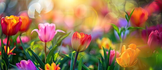 Poster - Blooming spring flowers, a colorful display in nature, pictured with copy space image for creative designs.