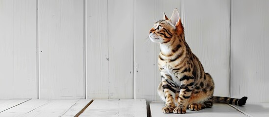 Poster - A Bengal cat is seated on a white wooden surface with a blank background providing copy space image.