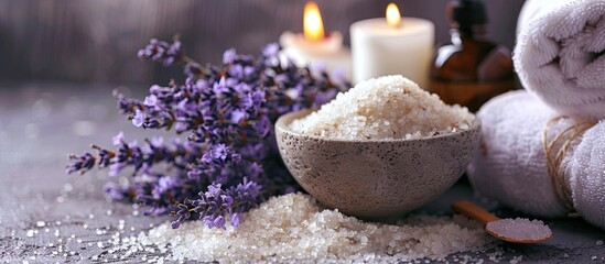 Poster - Spa setting with relaxing sea salt and lavender flowers, featuring a serene ambiance and a soothing environment with copy space image.