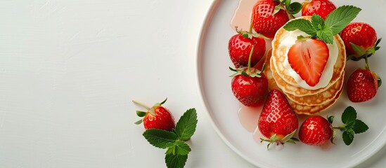 Poster - A plate displaying delicious strawberry pancakes with copy space image.