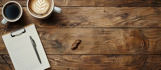 Poster - Wooden table with a notepad, pen, and coffee cup, offering space for customized content in the image.