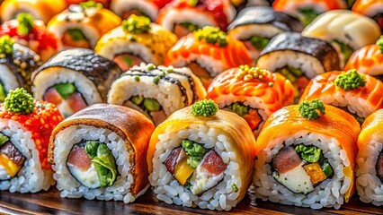 Wall Mural - AI generated illustration of a close-up of delicious sushi rolls with salmon