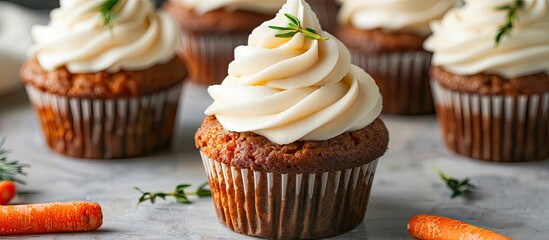 Poster - Carrot cake cupcakes with buttercream frosting perfect for featuring a copy space image.