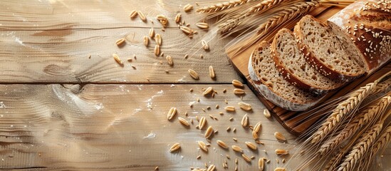 Poster - Health and diet concept showcased with rye bread slices and wheat ears on a light wooden background, perfect for copy space image.