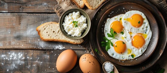 Poster - Copy space image of a plate featuring fried eggs, bread, and a bowl filled with cottage cheese placed on a rustic brown wooden table.