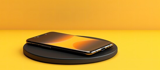 Aufkleber - A sleek black phone on a wireless charger against a yellow backdrop, surrounded by modern electronic devices. It lies flat with space for text or images.