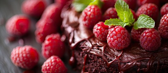 Poster - Detailed close-up image of a chocolate cake adorned with raspberries and mint, offering room for your own text within the frame.