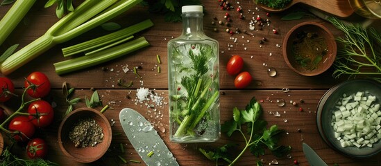 Poster - On a wooden table, there's a bottle of cleansing water with vegetables like cherry tomato and celery stems, along with ingredients, a knife, and copy space image.