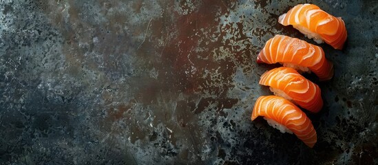 Poster - Tasty and nutritious salmon sushi with appealing presentation and copy space image.