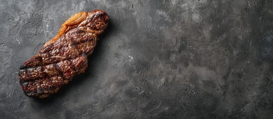Poster - Freshly dry-aged Club Steak displayed on a grey stone background with ample space for text next to it.