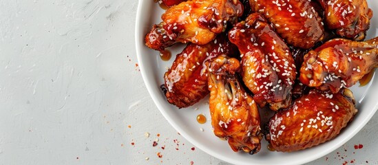 Canvas Print - Top view close-up of fried, juicy chicken wings coated in honey, soy sauce, spices, and sesame seeds on a white plate with sauce; an Asian recipe with a copy space image.