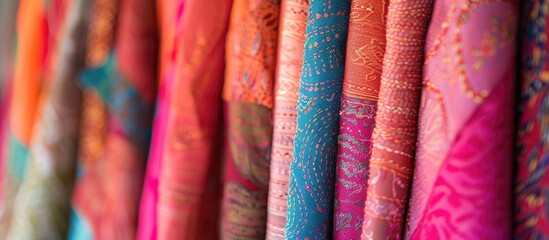Fototapete - Close-up image displaying various colored cloth and fabric samples at a market stall with copy space image.
