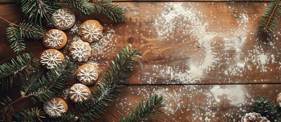Aufkleber - Festive Christmas backdrop featuring fir branches, cookies dusted with powdered sugar on a wooden surface with space for adding images.