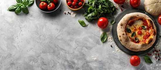 Poster - Grey table flat lay with pizza crust, fresh ingredients, and space for text in the image.