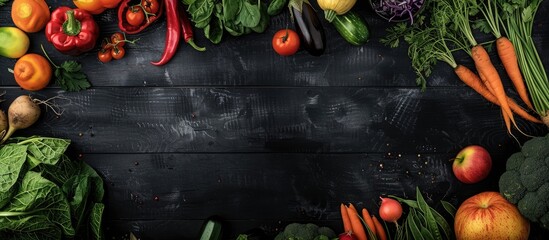 Poster - Fresh organic fruits and vegetables displayed on a black wooden table in a flat lay style, with room for text in the image.