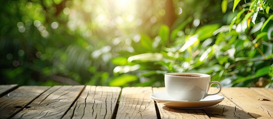 Aufkleber - Coffee-filled white cup on wooden table amidst garden's natural backdrop, offering copy space image.
