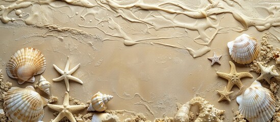 Aufkleber - Seashells and starfish imprinted on sandy beach, with available copy space for warm vacation-themed image.