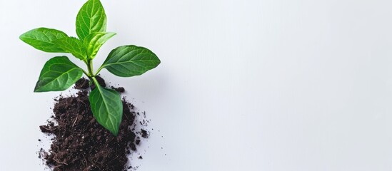 Poster - A tiny green plant with leaves growing in soil, set against a white backdrop providing ample copy space image.