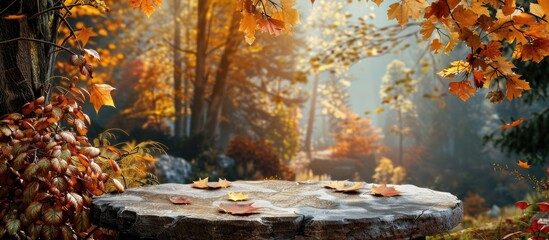 Table with stone base, perfect for autumn decor, with space for image.