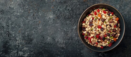 Poster - A top view of muesli with dried fruits, illustrating a healthy breakfast concept, with copy space image.