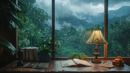 Poster - a lamp and a book on a table in front of a window