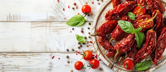 Poster - Sun-dried whole tomatoes on a white wood table with copy space image.