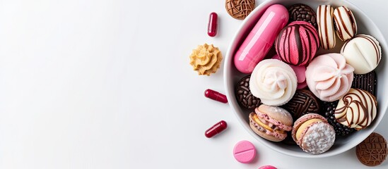 Poster - Sweet treats arranged in a bowl on a white background with a medical pill placed at the edge, creating a delicious and visually appealing copy space image.