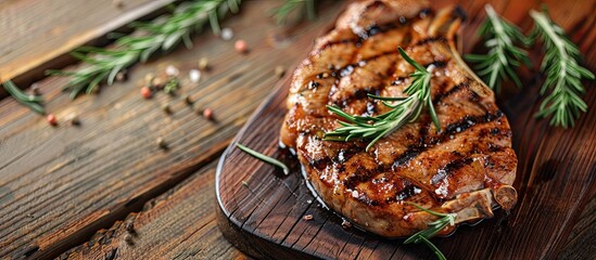 Poster - A grilled pork neck steak with rosemary on a wooden table with a copy space image.