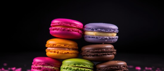 Poster - Colorful French macaroons displayed on a dark background, with copy space image available.