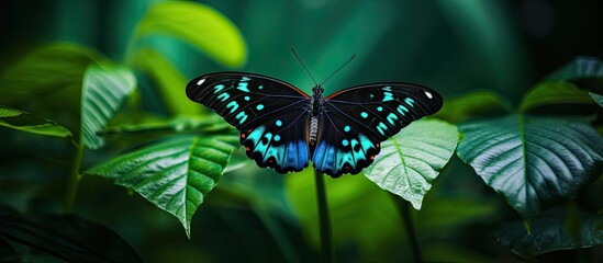 Sticker - A tropical butterfly, perched on a green leaf, with copy space image, blends with the lush green backdrop in its natural habitat.