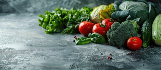 Poster - Fresh vegetables displayed on a concrete surface with empty space for text or images in the background.