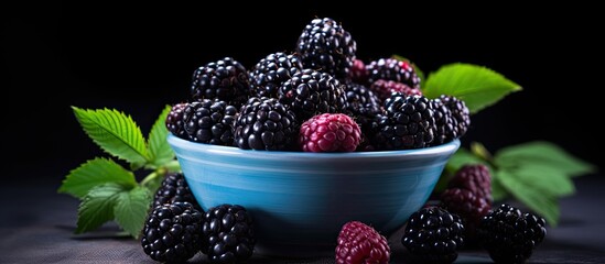 Poster - Vibrant blue and blackberries displayed on a dark background with copy space image, perfect for vegans and health-conscious individuals as a nutritious breakfast option.