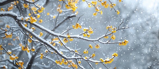 Aufkleber - Snow-covered tree branches with striking yellow flowers create a stunning winter scene with a captivating copy space image.