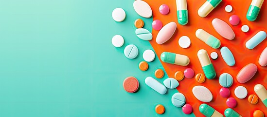 Poster - Various medical pills and capsules displayed on a colored background in a top-down view with copy space image.