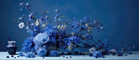 Aufkleber - A beautiful display of blue flowers arranged on the table with a blank space for additional imagery in the picture.