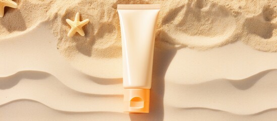 Poster - Top view of sunscreen lotion on a sandy beach background with copy space image, symbolizing both summer relaxation and skin protection with SPF UV products.