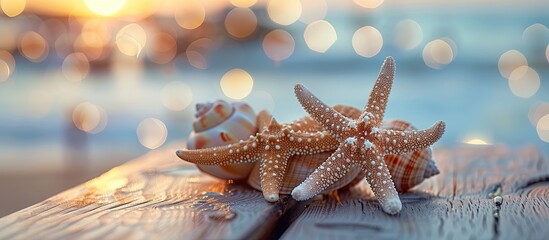 Aufkleber - Starfish and shell on the light deck with copy space image.