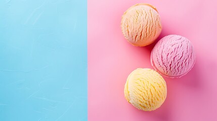 Wall Mural - multicolored ice cream balls close up isolated on pink and blue background