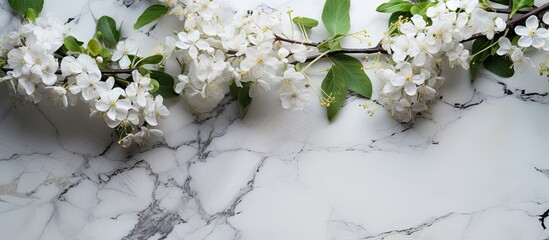 Aufkleber - A marble backdrop adorned with delicate white flowers throughout, perfect for a copy space image.