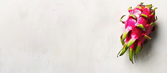 Poster - Dragon fruit, also known as Pitaya or Pitahaya, is showcased on a blank white backdrop for your text, offering ample 'copy space image'. Top view perspective is applied.