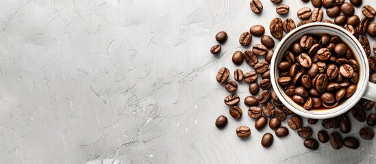Aufkleber - Coffee beans grouped near a cup with ample space for text, relating to Food and Drink themes, in the image.