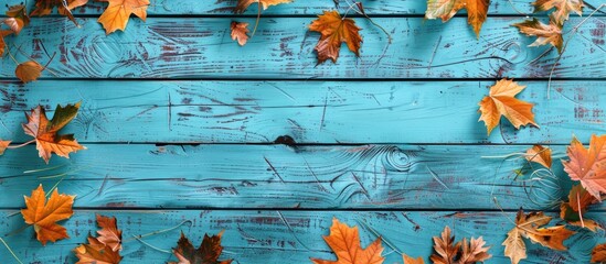Poster - Aqua blue distressed wood with autumn decor and leaves for social media and web banners with autumn-themed rustic background and copy space image.