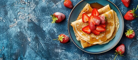 Poster - Blue concrete backdrop featuring crepes or blini topped with strawberries and honey, providing copy space image.