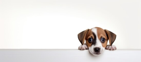 Poster - A cute puppy is on a blank white backdrop, with copy space image.