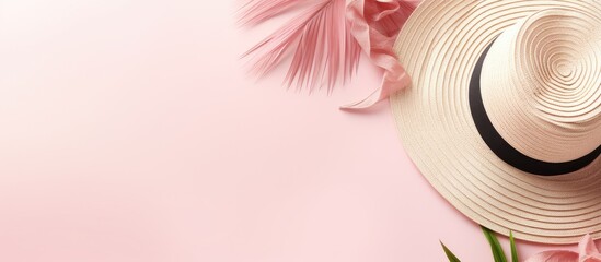 Poster - Top view of summer beach accessories on a pastel pink backdrop, creating a stylish flat lay for tropical fashion. Panoramic banner ideal for text and advertising with copy space image.