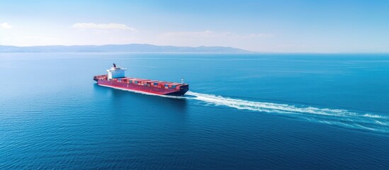 Poster - An aerial drone captured an expansive image, featuring a large RoRo car cargo ship moving across the vast and vibrant blue Mediterranean sea with ample copy space.