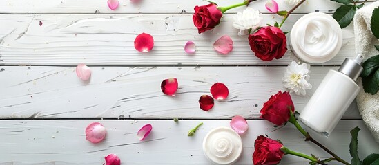 Poster - Red roses, pink petals, and beauty products displayed on a white wood table with copy space image.