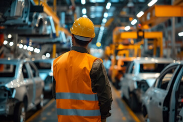 Rear view of worker in high-visibility vest and hard hat in a modern car manufacturing assembly line, focusing on production quality.