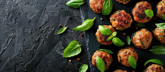 Wall Mural - Delicious meatballs with basil arranged on a black table for a top-down view in a photograph suitable for adding text.