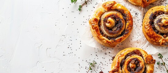 Poster - Pastries filled with poppy seeds and raisins displayed on a white backdrop with copy space image.